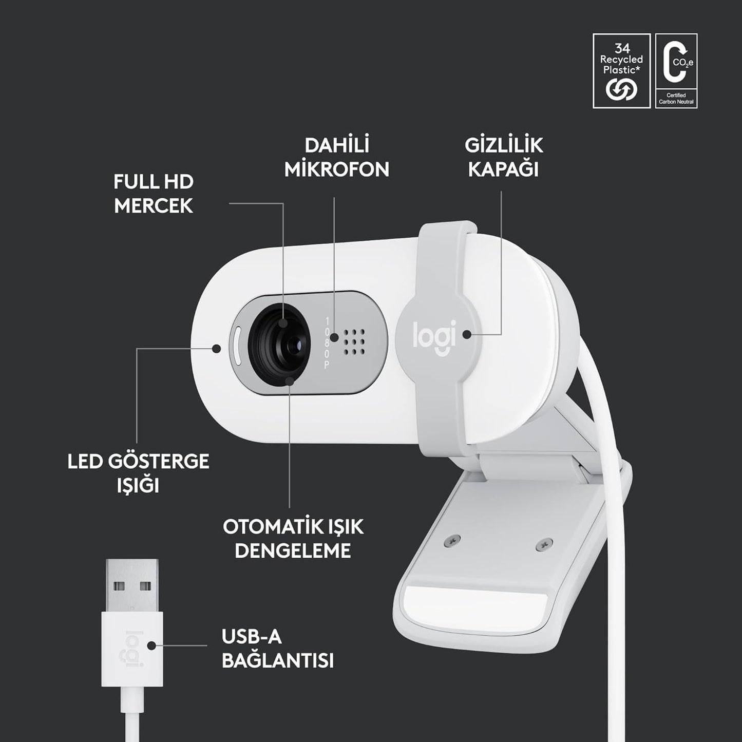 Logitech Brio 100 Full HD-Webcam für Meetings und Streaming, Auto-Lichtausgleich, integriertes Mikrofon, Abdeckblende, USB-A, für Microsoft Teams, Google Meet, Zoom und mehr - Graphit