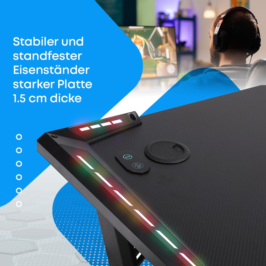 NK Gaming Schreibtisch LED (120X60cm) - Becher- und Flaschenhalter, Kopfhörerhalterung, Kabelmanagement, Gaming-Schreibtisch, Tischplatte 1.5cm (Belastbarkeit) Maximal Unterstütztes Gewicht 100kg