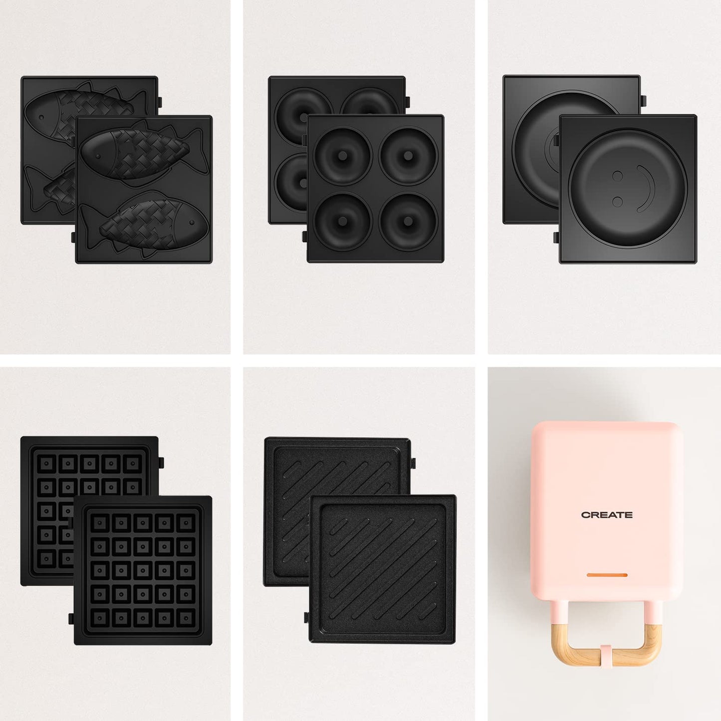 CREATE/STONE STUDIO/Sandwichmaker und Waffeleisen in Rosa-Barbie / 2 austauschbare Antihaftplatten, 1 Scheibe, 100º Offnung, BPA-frei, 105º Öffnung, Cool-Touch-Griff, 600W