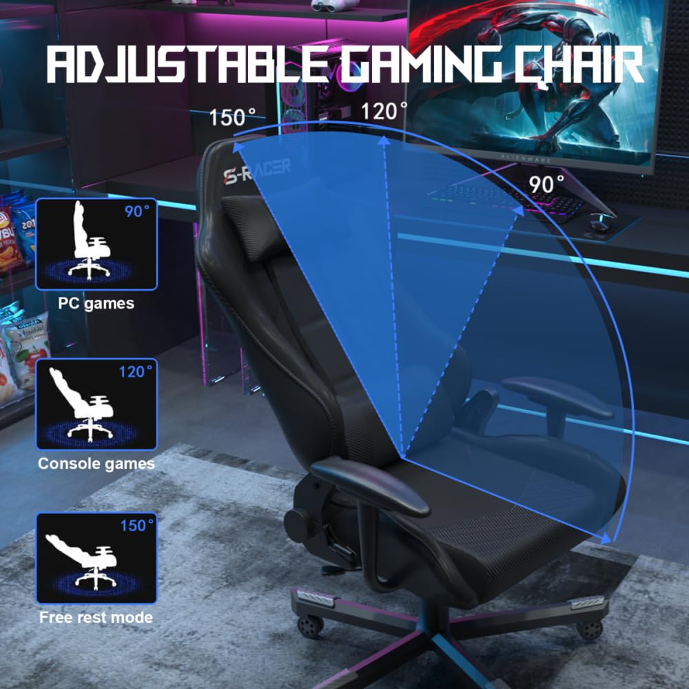 JUMMICO Massage Gaming Chair, Office Chair Ergonomic with Lumbar Support, Computer Chairs Racing Office Chairs Armchair, Height Adjustable Deck Chair Desk Chair 150kg Load Capacity, White