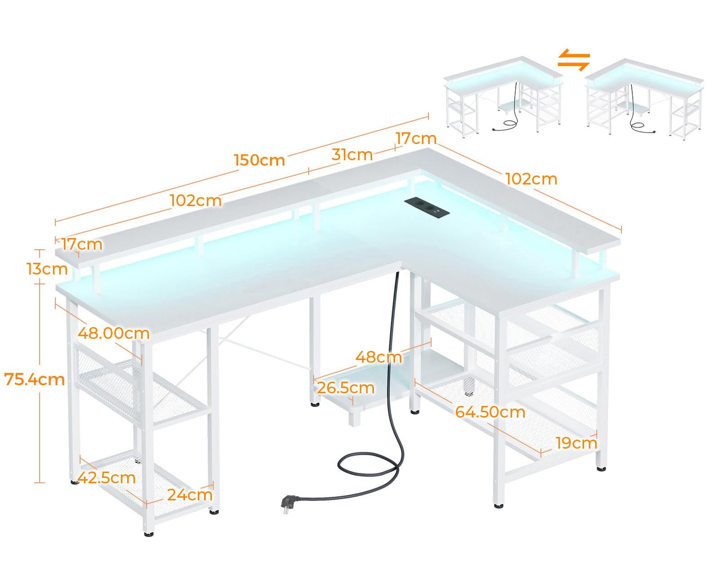 ODK Gaming Tisch mit LED, Reversibel Gaming Schreibtisch mit 2 Steckdosen & 2 USB-Ladeanschlüssen, Eckschreibtisch Groß mit Netzablage, Schwarz 150×102cm