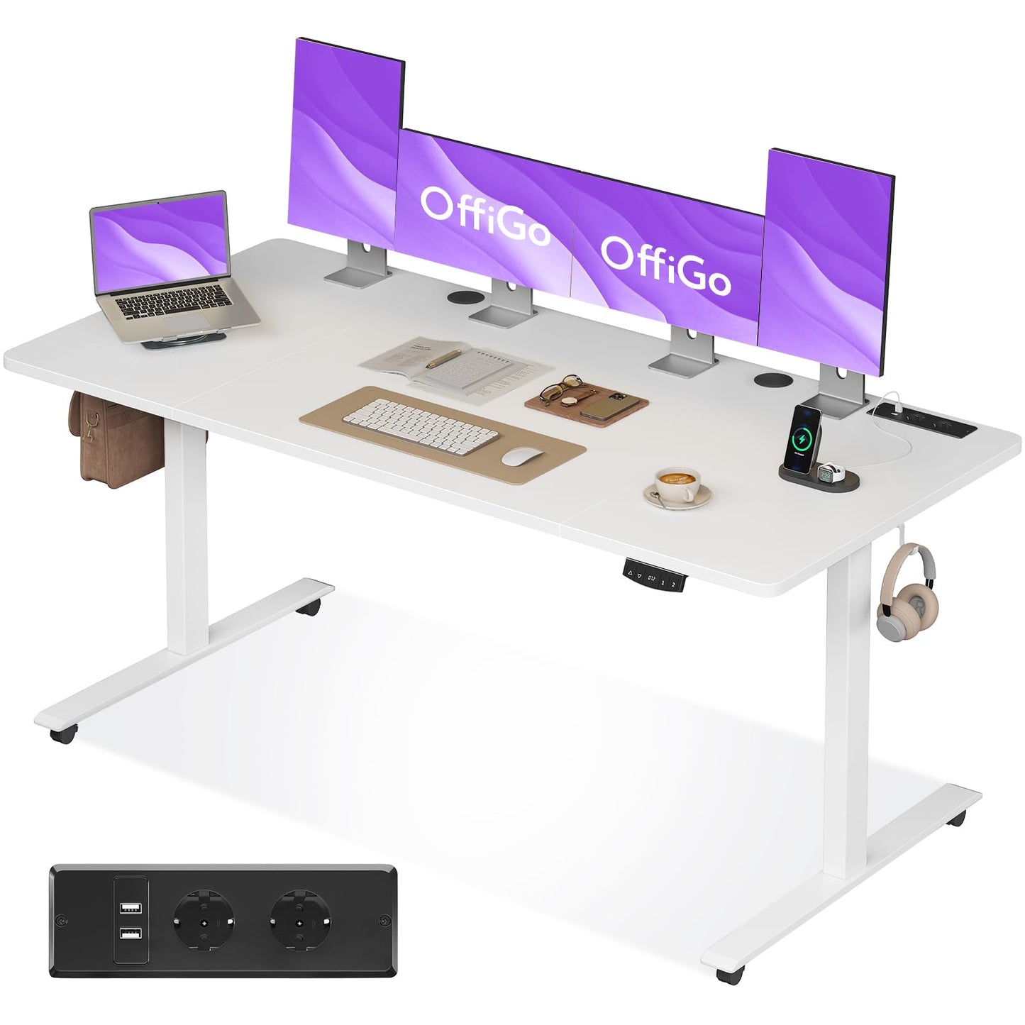 OffiGo Höhenverstellbarer Schreibtisch, 180cm, Elektrischer Schreibtisch mit USB, Schreibtisch Höhenverstellbar mit 2 Memory Funktion, Tisch Höhenverstellbar für Büro, Zuhause, Gaming, Schwarz