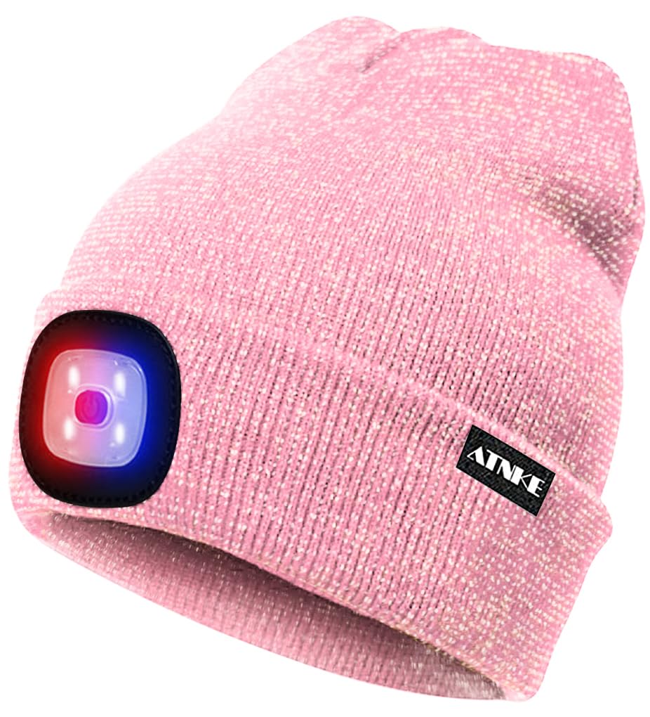 ATNKE LED Beleuchtete Mütze,Wiederaufladbare USB 4 LED Rot und Blau Leuchten Blinkender Laufmütze mit Licht Extrem Heller Lampe Winter Warme für Herren und Damen Geschenke