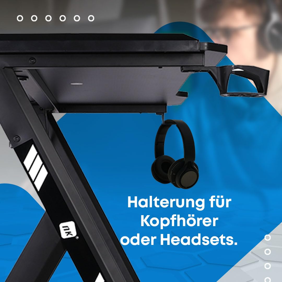 NK Gaming Schreibtisch LED (120X60cm) - Becher- und Flaschenhalter, Kopfhörerhalterung, Kabelmanagement, Gaming-Schreibtisch, Tischplatte 1.5cm (Belastbarkeit) Maximal Unterstütztes Gewicht 100kg