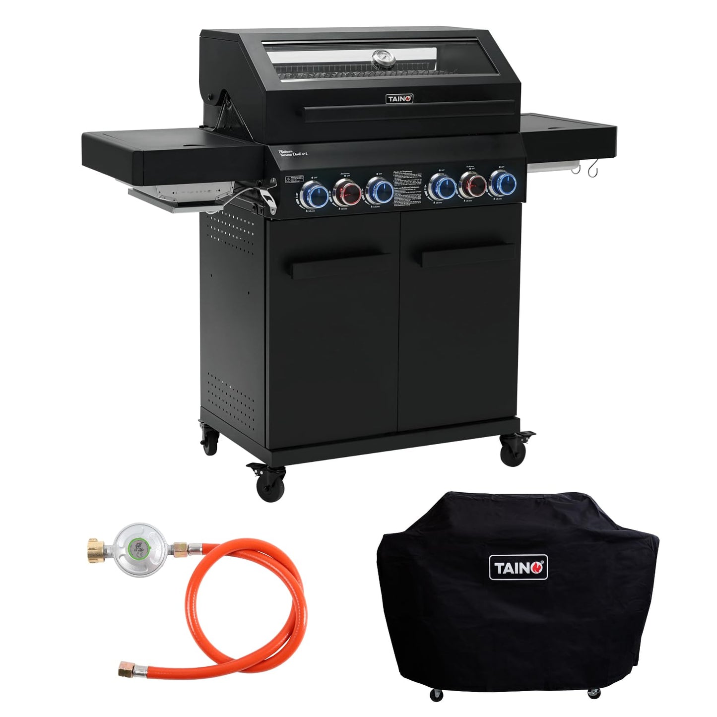 Taino Platinum Yamara Dark 6+2 Steel Gas Grill, 6 Burners, Ceramic Sear Burner, Ceramic Back Burner, Piezo Ignition, Cast Iron Cooking Grid