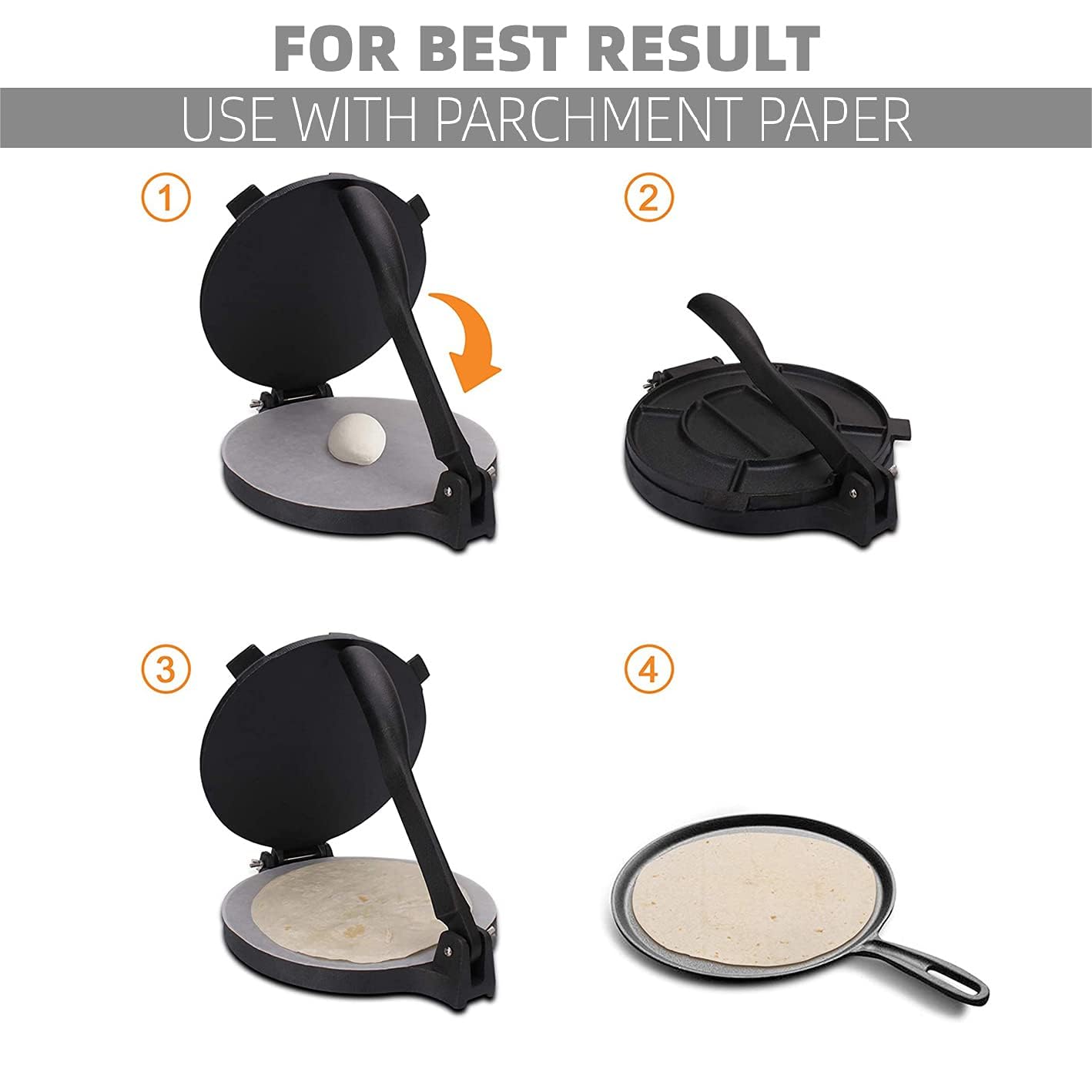 Tortilla Presse - Gusseisen Tortilla Press 25cm, Roti Maker, Pre-Seasoned Tortilla Maker, Heavy- Duty Taco Presse, Justierbare Tortilla Presse für hausgemachte Tortillas, Schwarz