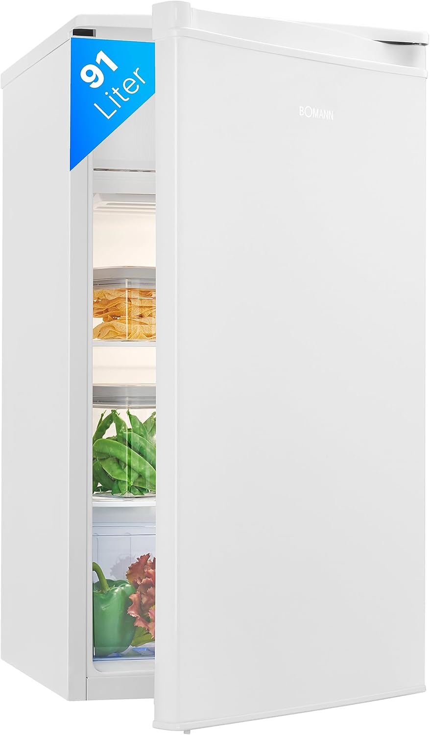 Bomann refrigerator with freezer compartment | 91L usable capacity including 8L freezer compartment | Small refrigerator | with reversible door hinge | Mini refrigerator with vegetable tray | 2 shelves | Quiet minibar | KS 7349