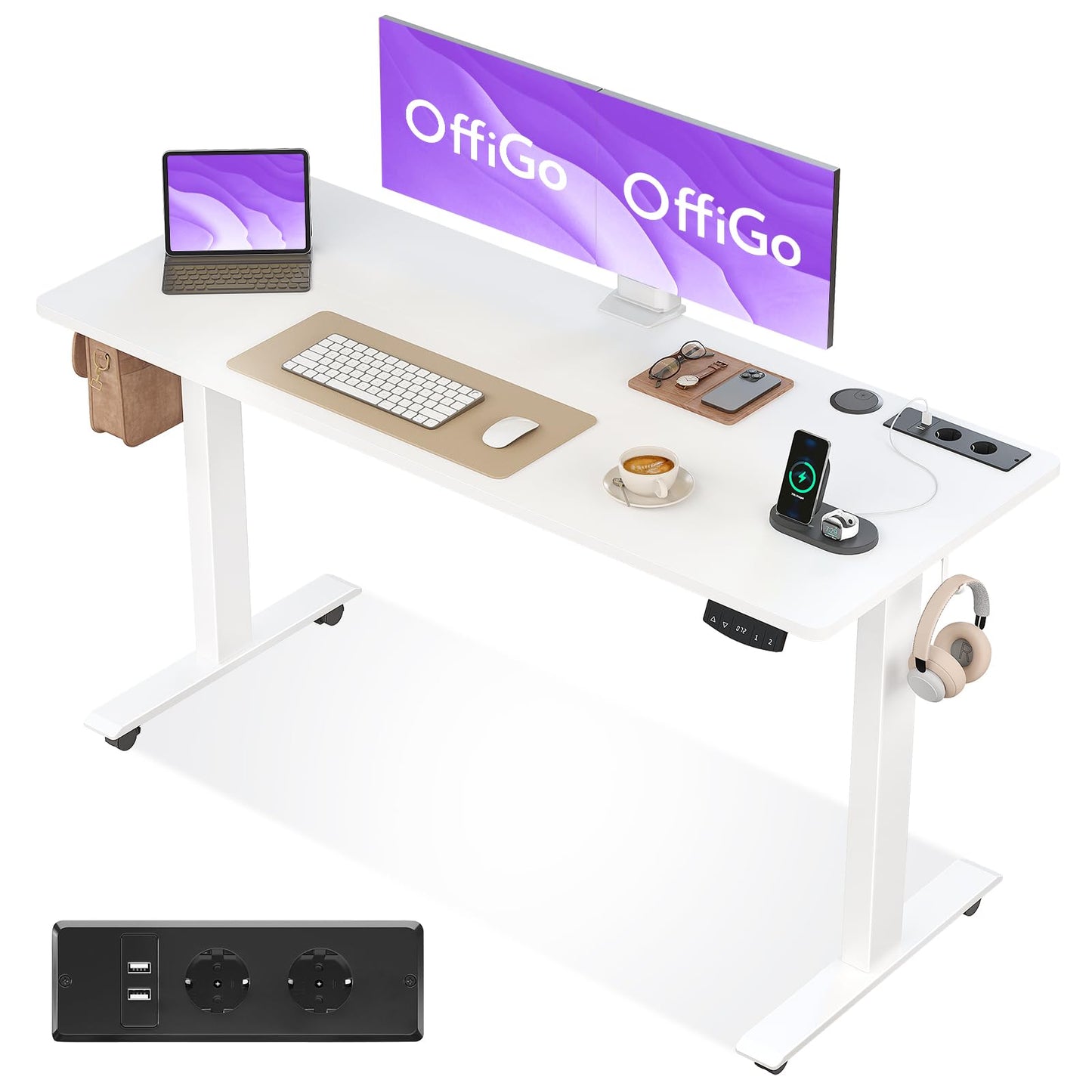 OffiGo Höhenverstellbarer Schreibtisch, 180cm, Elektrischer Schreibtisch mit USB, Schreibtisch Höhenverstellbar mit 2 Memory Funktion, Tisch Höhenverstellbar für Büro, Zuhause, Gaming, Schwarz