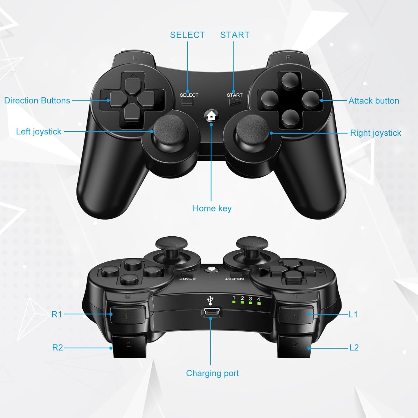 Diswoe Controller for PS-3, 2 Pack Wireless Controller for Play-Station 3 with Dual Shock, Gyro Axis, Bluetooth Controller, Rechargable Remote Gamepad Joystick with 2 Charging Cables