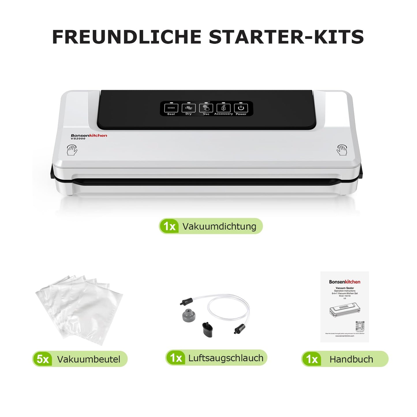 Bonsenkitchen Vakuumiergerät, Vakuumierer Folienschweißgerät für Sous Vide Kochen und Lebensmittel Bleiben bis zu 6x Länger Frisch, 40 Vakuumbeutel Inklusive (Sliber)