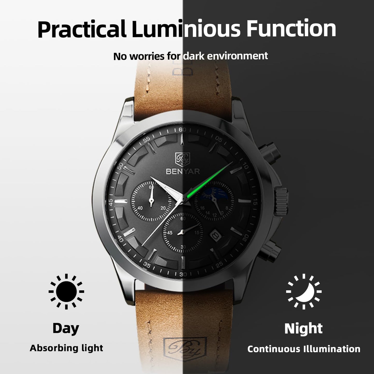 BY BENYAR Uhren Herren Chronograph Analog Quarz Wasserdicht Armbanduhr Herren Mode Lässig Business Herrenuhr mit Kalender Lederarmband/Edelstahlarmband Uhr Geschenk für Männer