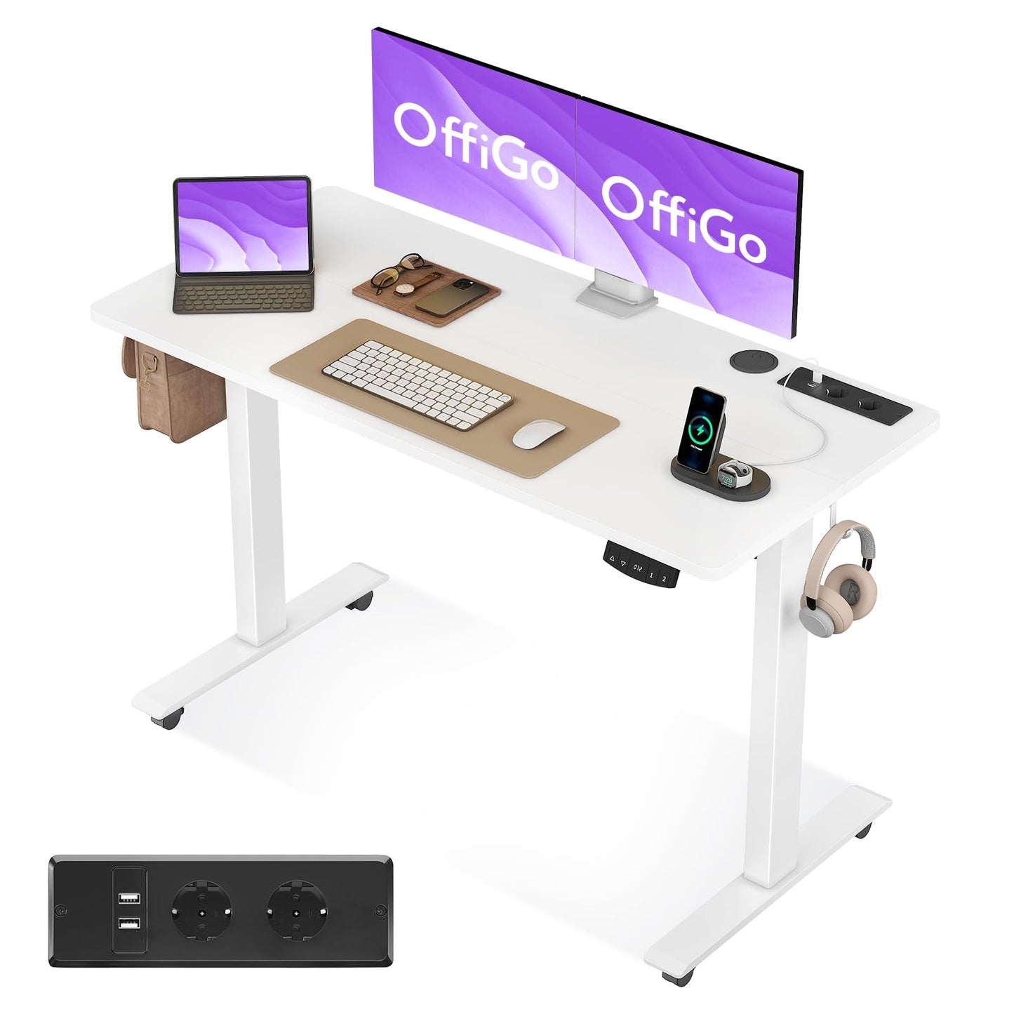 OffiGo Höhenverstellbarer Schreibtisch, 180cm, Elektrischer Schreibtisch mit USB, Schreibtisch Höhenverstellbar mit 2 Memory Funktion, Tisch Höhenverstellbar für Büro, Zuhause, Gaming, Schwarz