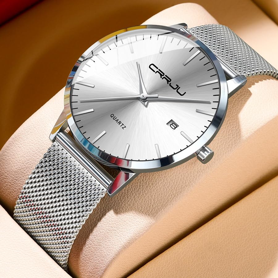CRRJU Herren Uhr Ultra Dünne Wasserdicht Armbanduhr Herren Mode mit Schwarz Edelstahlband Mesh Analog Quarz Business Männer Uhren