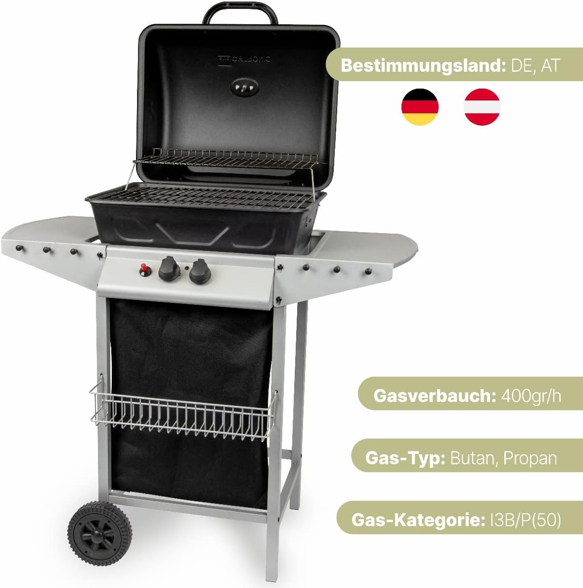 Clatronic® Gasgrill mit 2 Heizzonen | individuelle Temperatursteuerung | inkl. Grillrost + Warmhalterost | Grill mit praktischem Ablagekorb und großem Stauraum für Gasflasche | GG 3590