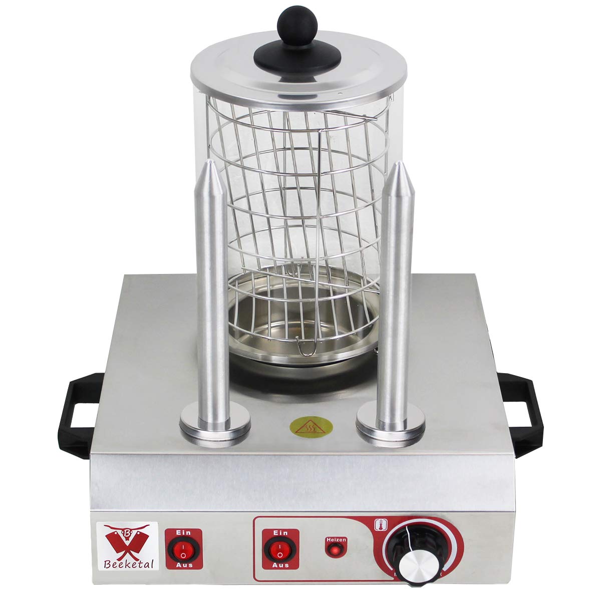 Beeketal 'BHG06b' professional gastro hot dog maker with 2 heating skewers and 140 mm basket diameter, stainless steel hot dog machine for heating sausages and warming up hot dog buns, stainless steel version