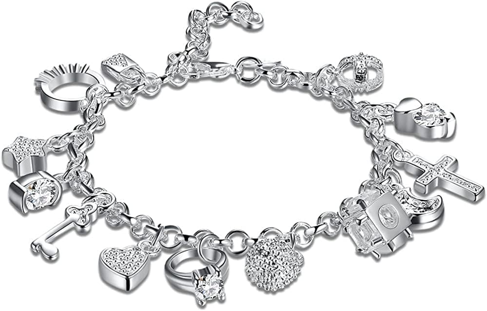UU19EE Sterling Silver Charm Bracelet – Multi-Pendant Zircon Bracelet