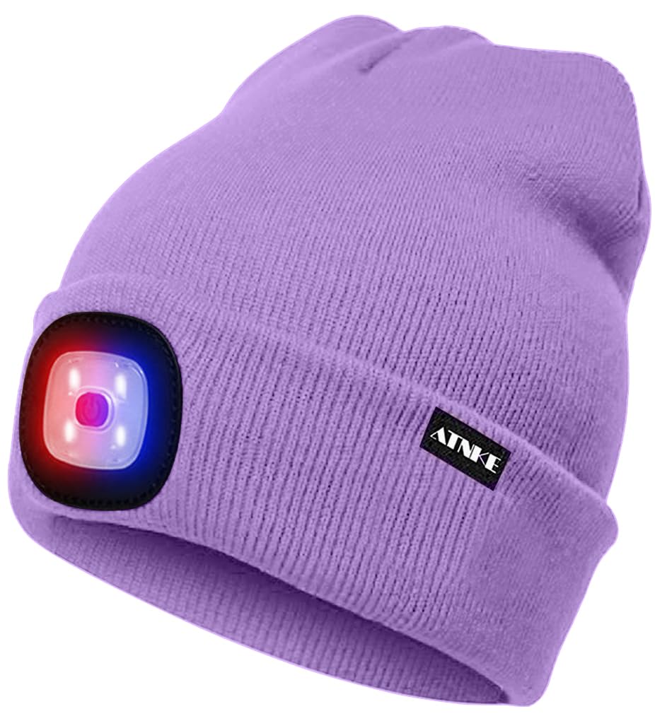 ATNKE LED Beleuchtete Mütze,Wiederaufladbare USB 4 LED Rot und Blau Leuchten Blinkender Laufmütze mit Licht Extrem Heller Lampe Winter Warme für Herren und Damen Geschenke