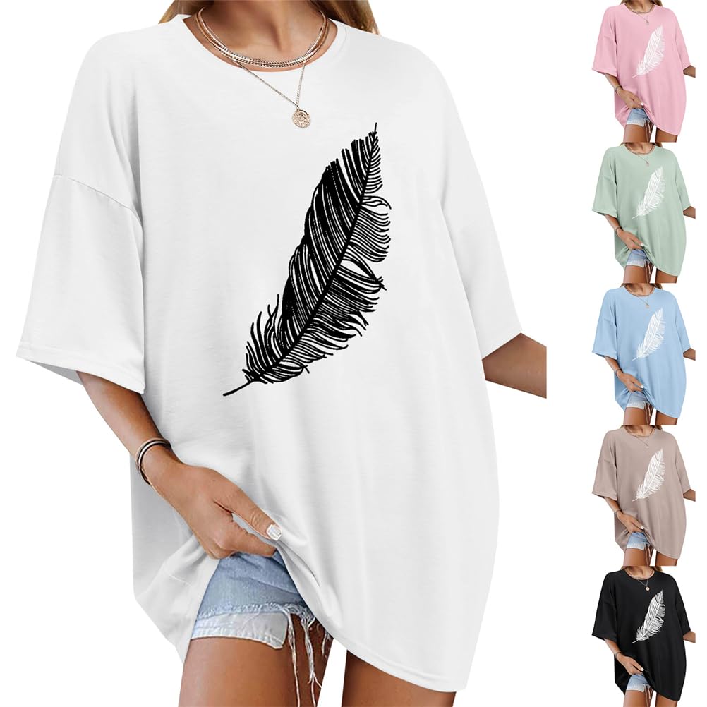 Tomwell Women’s Oversized T-Shirt – Good Vibes Feather Print