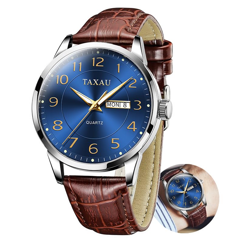 Taxau Klassische Lederuhren für Männer Analog Quartz Big Dial Luxus Armbanduhren Wasserdicht Luminous Day Date Reloj para Hombre