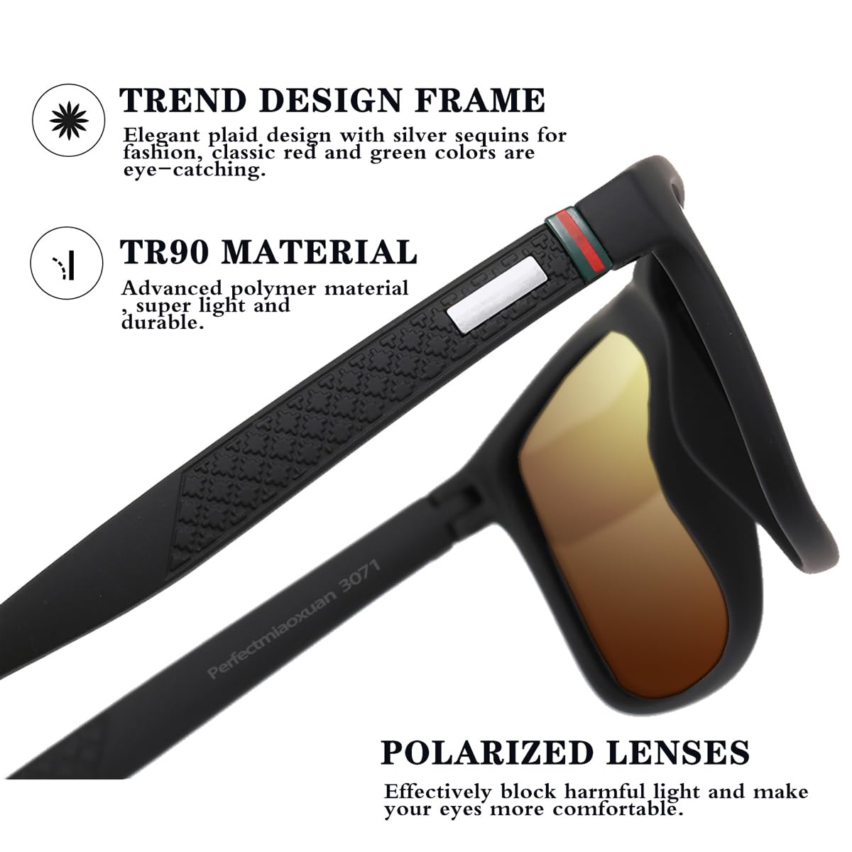 Perfectmiaoxuan Polarisierte Sonnenbrille Herren/Damen ; Vintage/Klassisch/Elegant Brillengestell; HD-Pilotobjektive; Golf/Fahren/Angeln/Reisebrille/Outdoor-Sportarten Mode Sonnenbrille