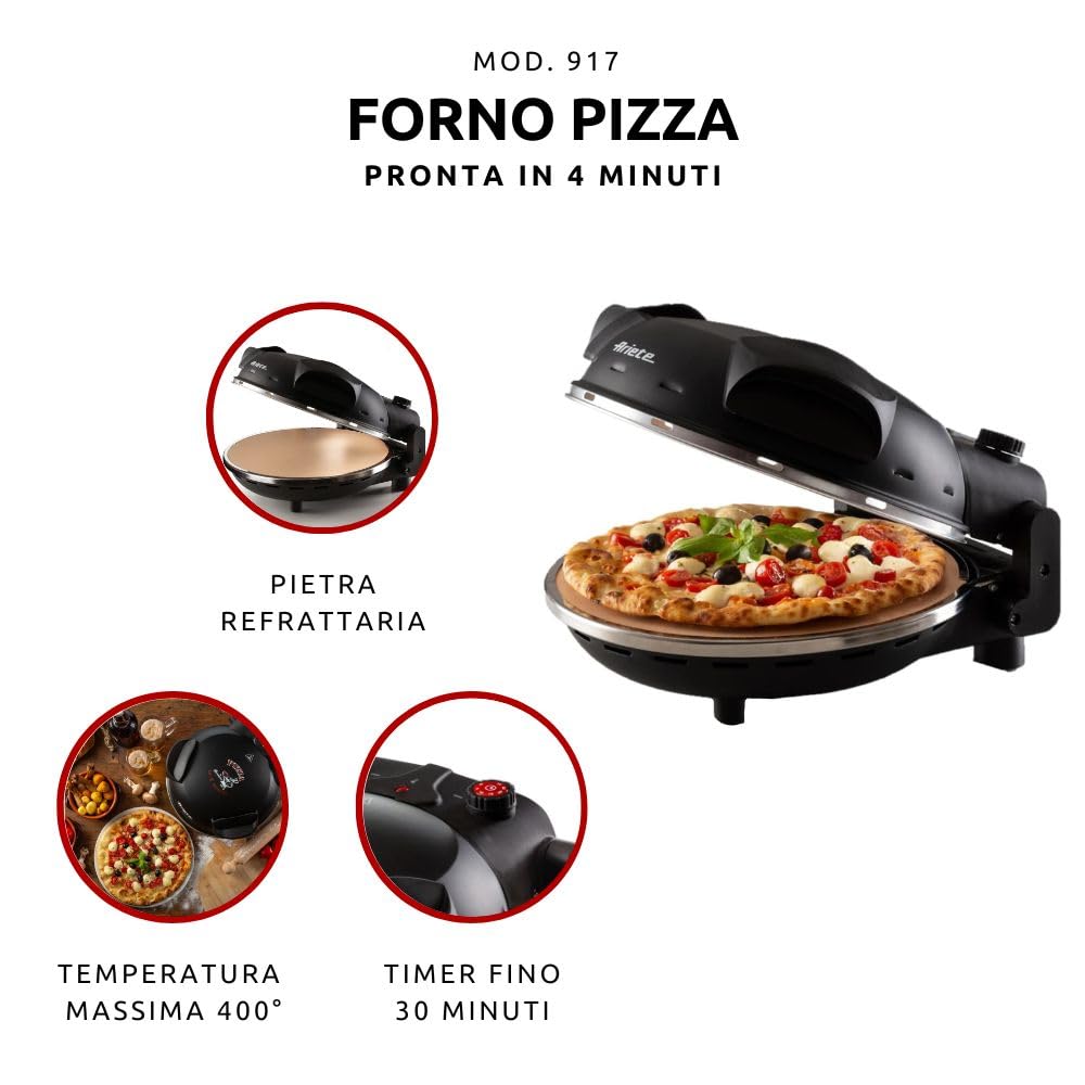 Ariete Pizzaofen 919, 4-Minuten-Pizza, Pizzaofen mit 5 Garstufen, Feuerfeste Platte zum Wiederaufwärmen, Holzbrettchen im Lieferumfang Enthalten, Max. Temperatur 400°C, 1200W, Rot