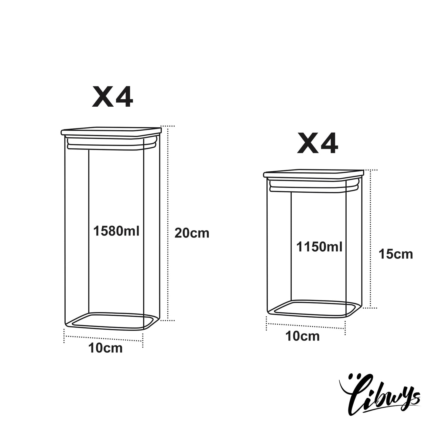 LIBWYS 12er Set Vorratsgläser mit Deckel Eckig Vorratsdose Glas - in 3 Größen: 720ml;1150 ml; 1580 ml - 12pcs Plus Edition