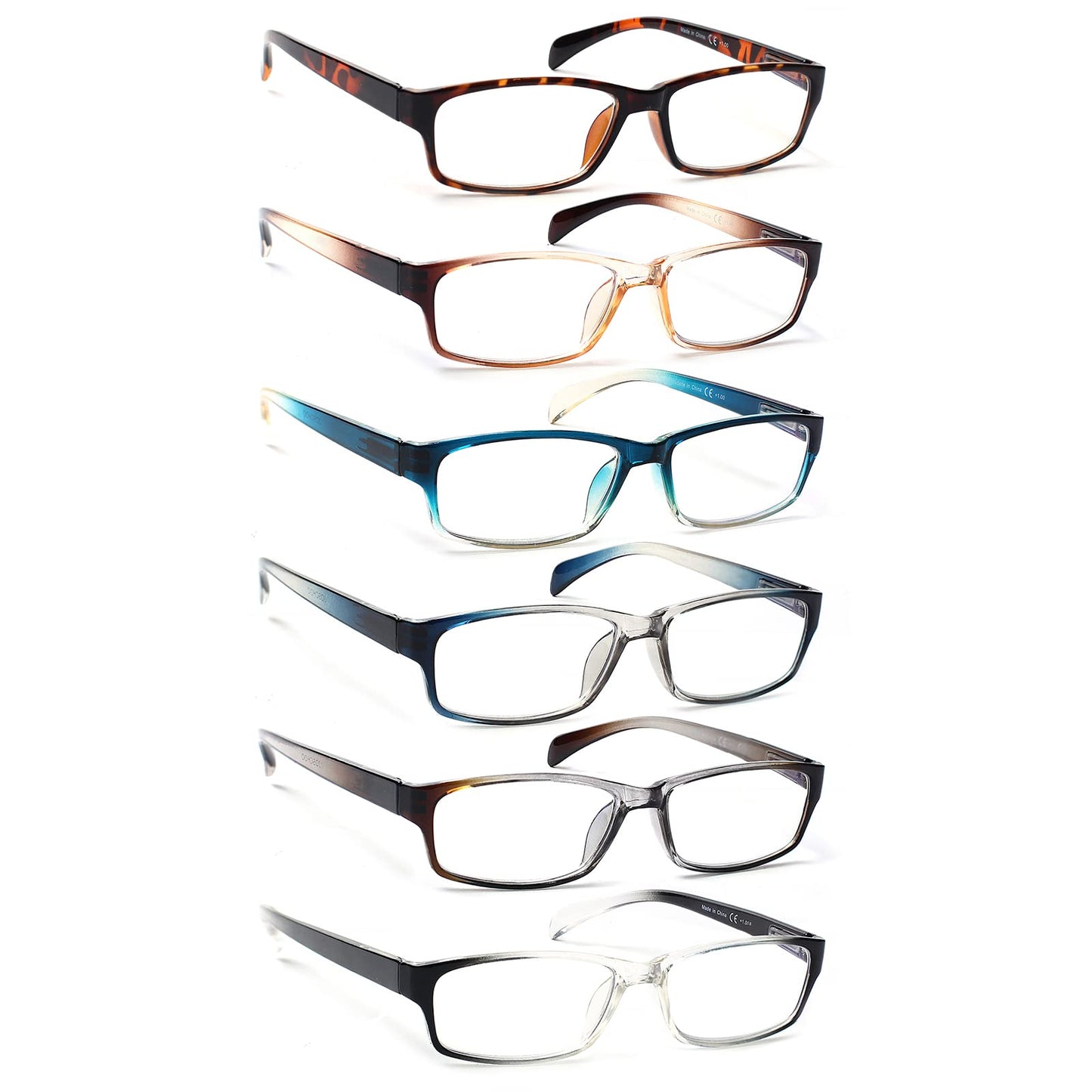COJWIS Lesebrille 6 Pack herren und Damen Qualität Feder Scharnier Blaulichtfilter Leser Brille(6 Farbe Mischen-1, 2.00)