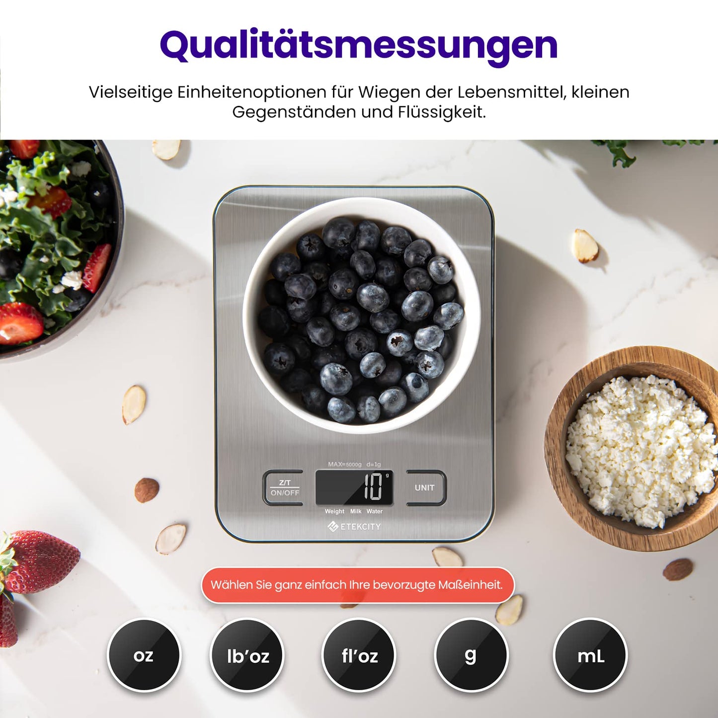 ETEKCITY Küchenwaage, digital 5KG mit großem LCD-Display,Digitalwaage, Briefwaage mit Großer Edelstahl Wiegefläche, Flüssigkeitsmessung, hohe Präzision auf bis zu 1g, Tara-Funktion, Silber
