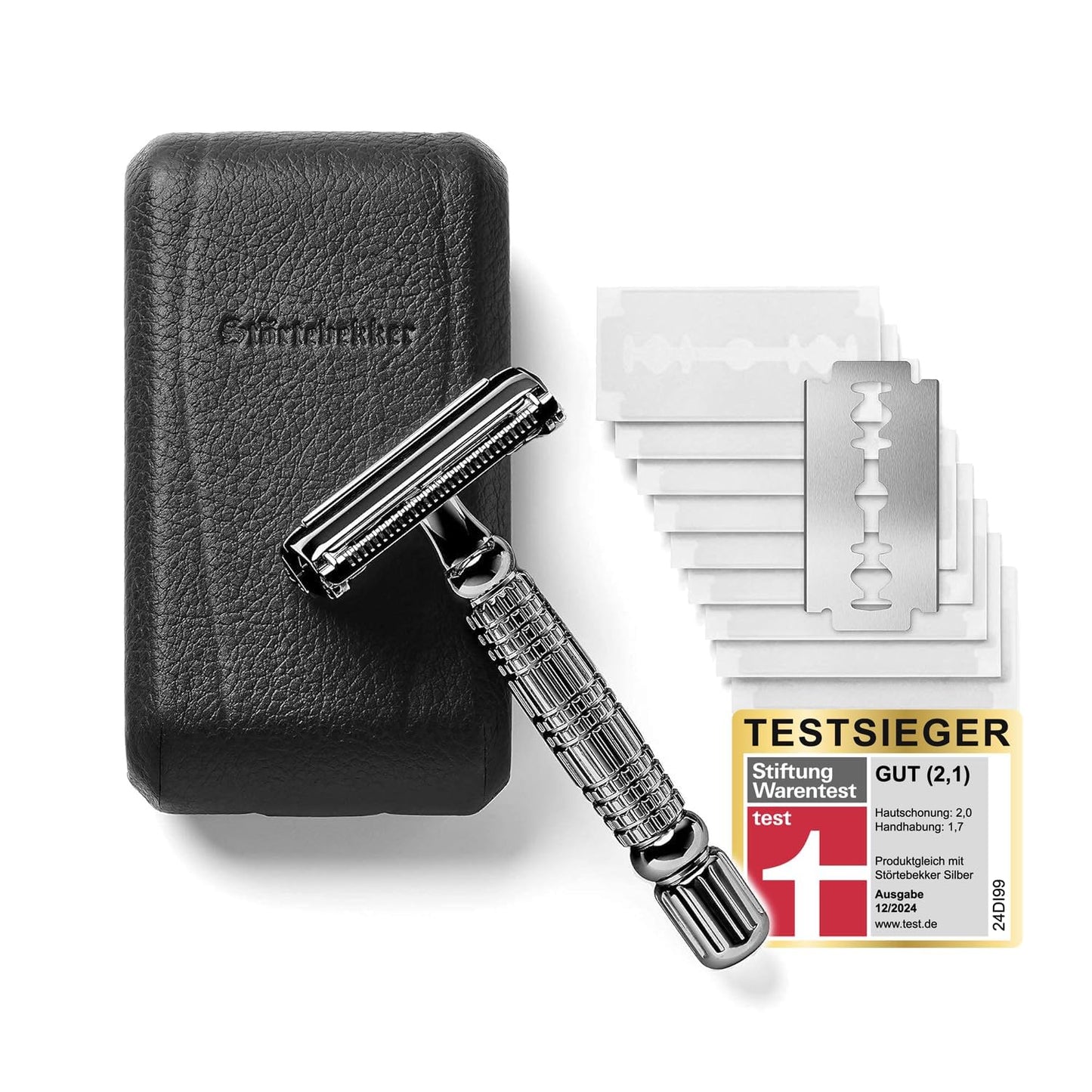Störtebekker® Premium Rasierhobel ‘Hamburg’ im handgefertigten Leder-Etui - *TESTSIEGER* Stiftung Warentest (12/2024) - Rasier-Set mit 10 Rasierklingen, Reise-Etui & eingebautem Spiegel - Nassrasierer