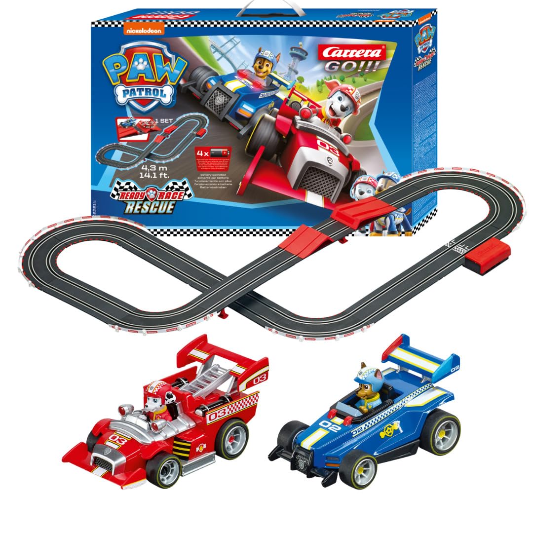 Carrera GO!!! PAW Patrol - Ready Race Rescue Set |2 Slotcars inkl. 2 Handregler mit Turbo-Knopf | Inklusive Chase und Marshall | 4,9 m Streckenlänge mit Looping und Rundenzähler | Maßstab 1:43