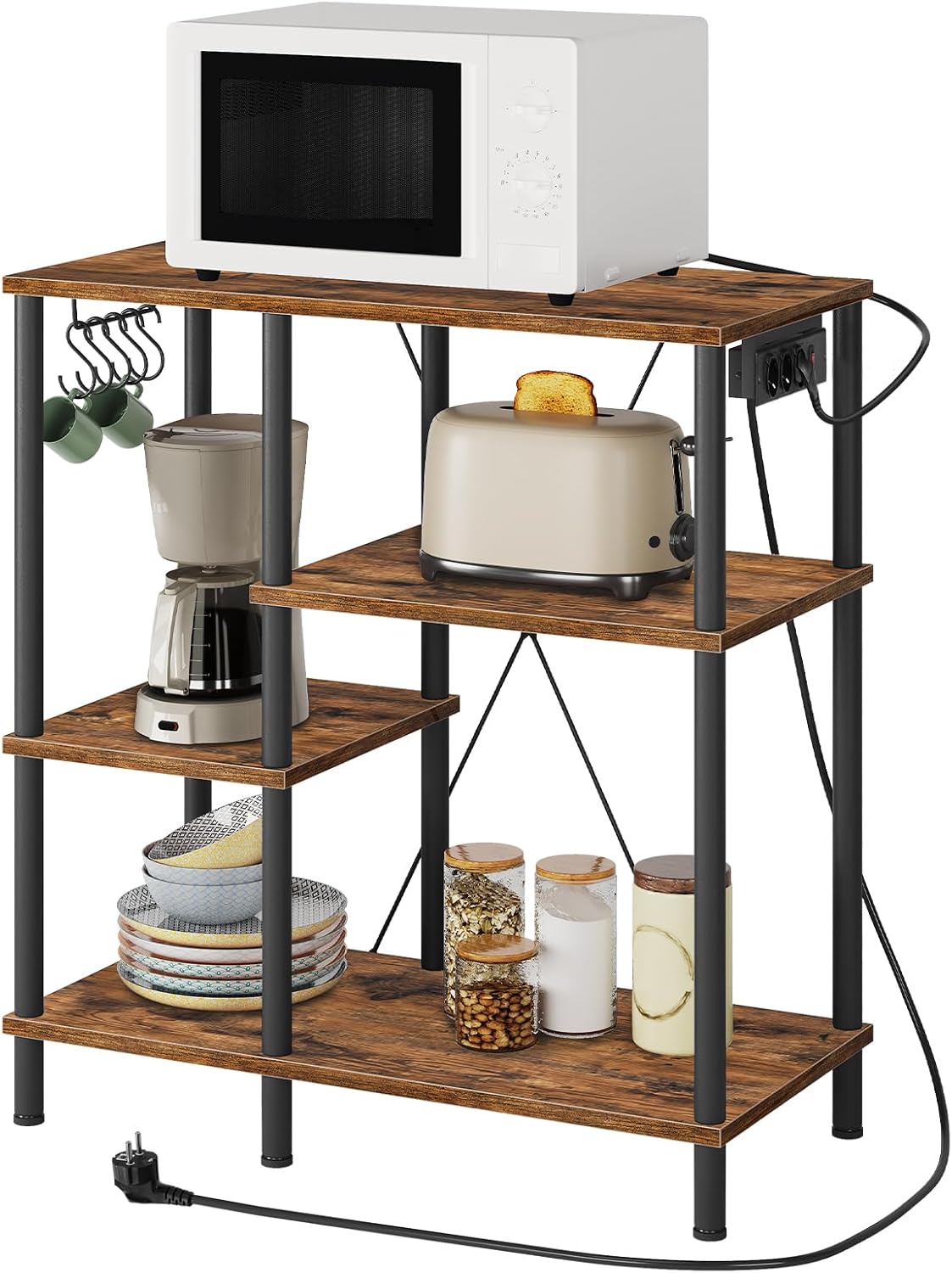 HOOBRO Küchenregal, Standregal mit Steckdosen, Bäckerregal mit 5 S-Haken, Mikrowellen-Regal, 38 x 80 x 86 cm, Vintagebraun und Schwarz