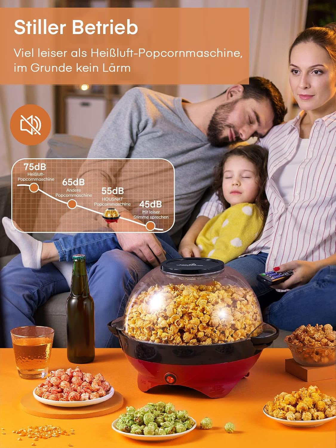 Popcornmaschine - 5.5L Großer Inhalt - HOUSNAT 800W Zuhause Popcorn Maker Machine mit Antihaftbeschichtung und Abnehmbares Heizfläche - Stille und Schnelle - Maschine