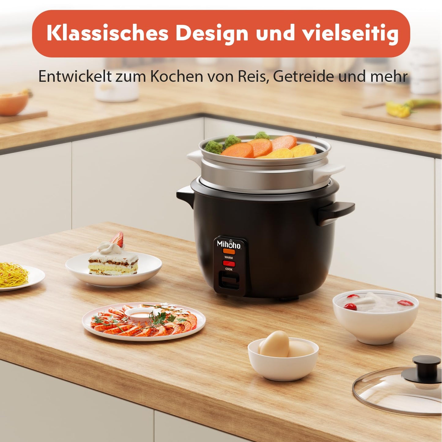 Reiskocher 2L, elektrischer Reiskocher Edelstahlschüssel mit Glasdeckel, Warmhaltefunktion |Dampfgarfunktion ,inkl Dämpfeinsatz, Löffel, Messbecher (schwarz A)