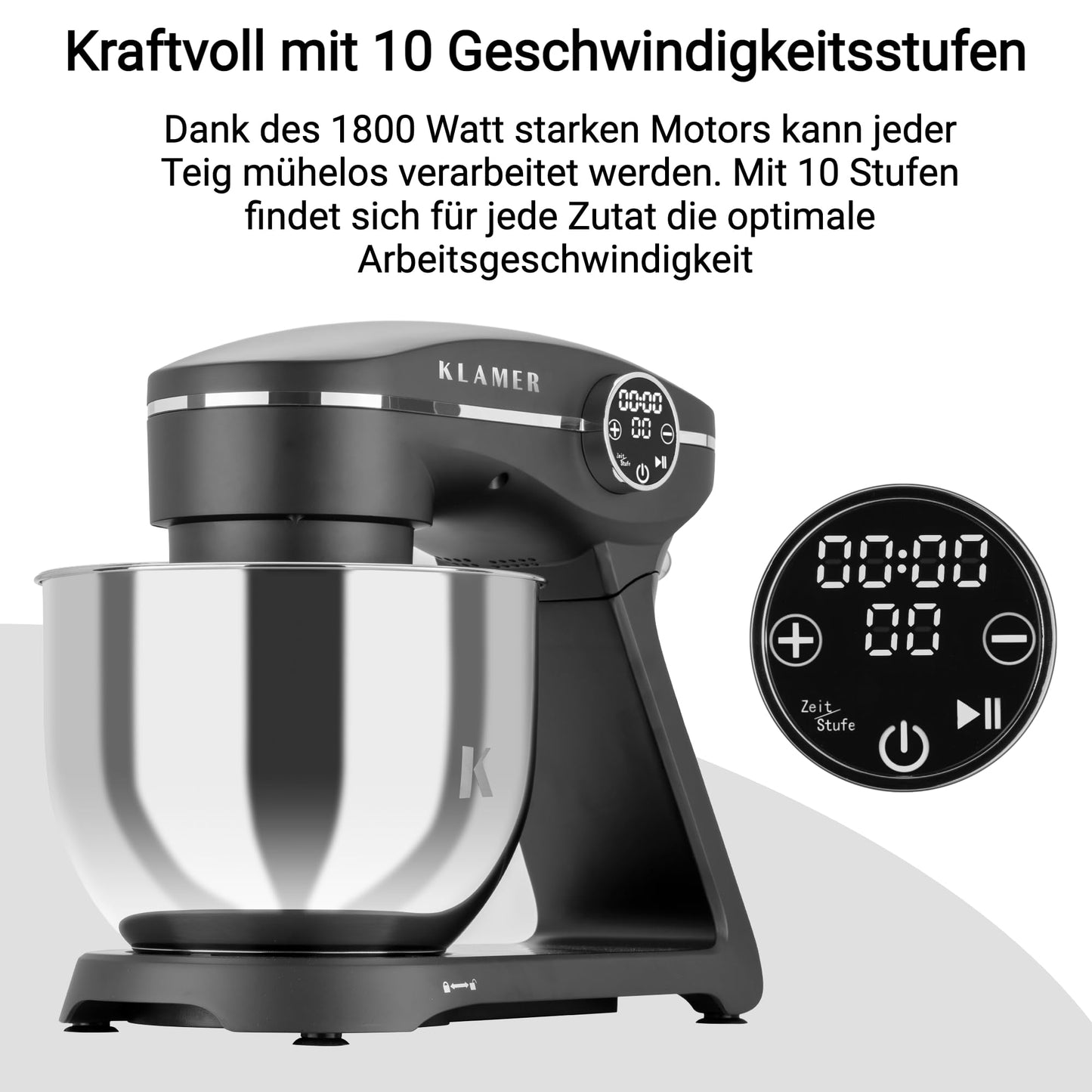 KLAMER Küchenmaschine 1800W, Knetmaschine Brotteig mit Edelstahl-Rührschüssel 6 L, 10 Stufen mit Timer, Planetenrührwerk, Rührbesen, Knethaken, Schneebesen & Sichtdeckel (schwarz)
