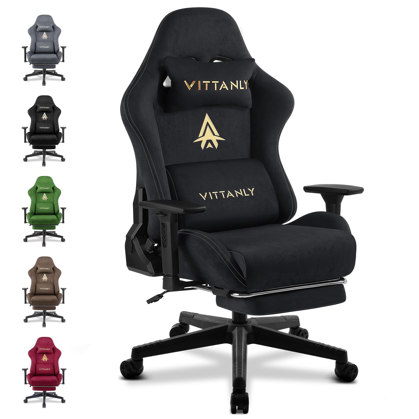 Vittanly Gaming Chair, Luxurious Breathable Imitation Suede Office Chair Gaming Chair, Ergonomic Gamer Chair with Footrest Headrest and Lumbar Cushion, 3D Armrests, 90-155° Backrest, Gray
