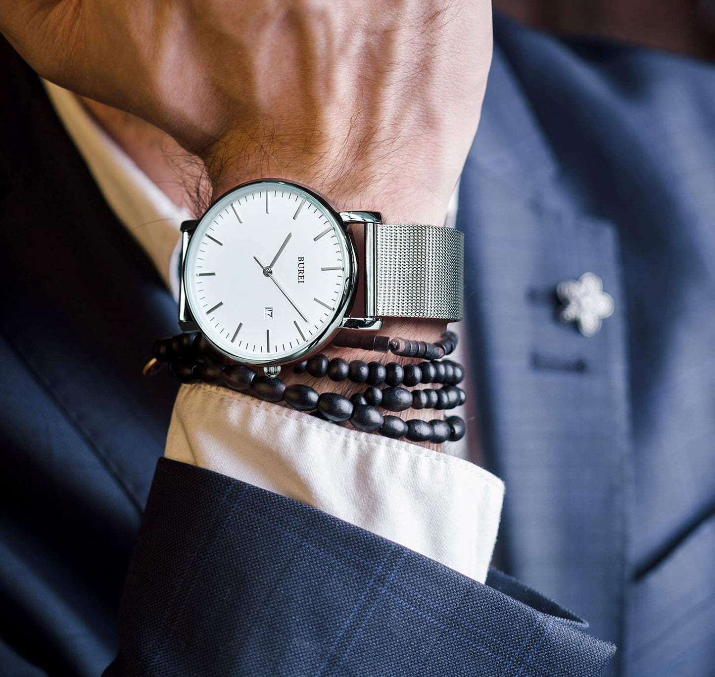 BUREI Ultra Dünne Uhren Herren Schwarze Analoges Datum Armbanduhr Herren mit Japanisches Quarzwerk, Geschenke für Männer