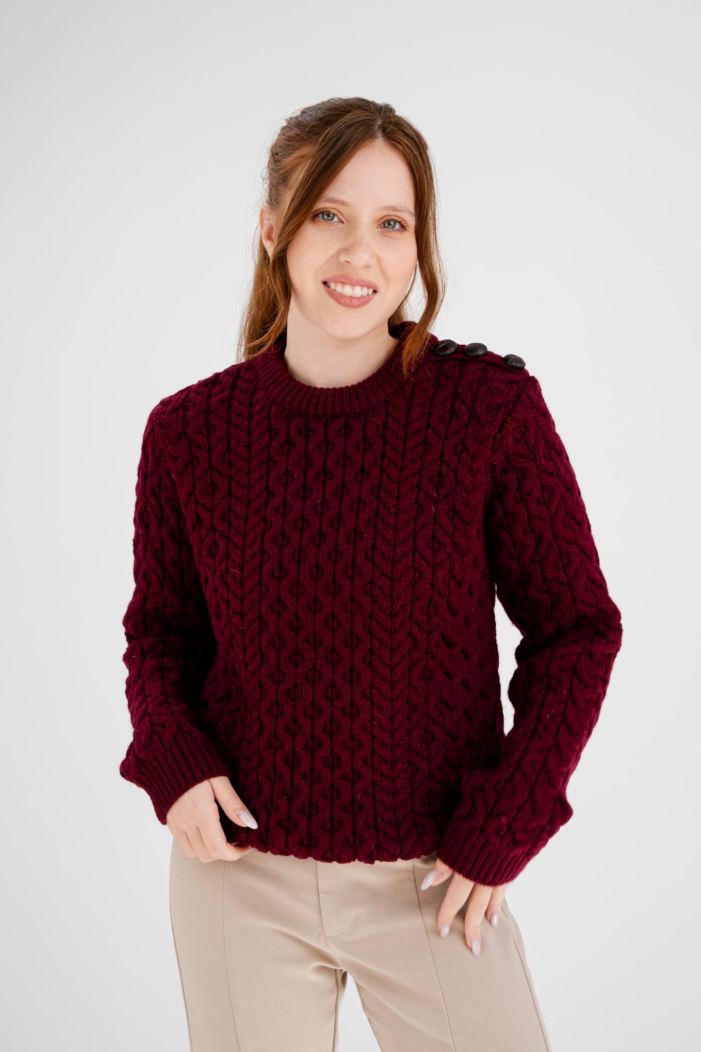 SAOL Women’s Merino Wool Sweater – Aran Knit with Side Buttons