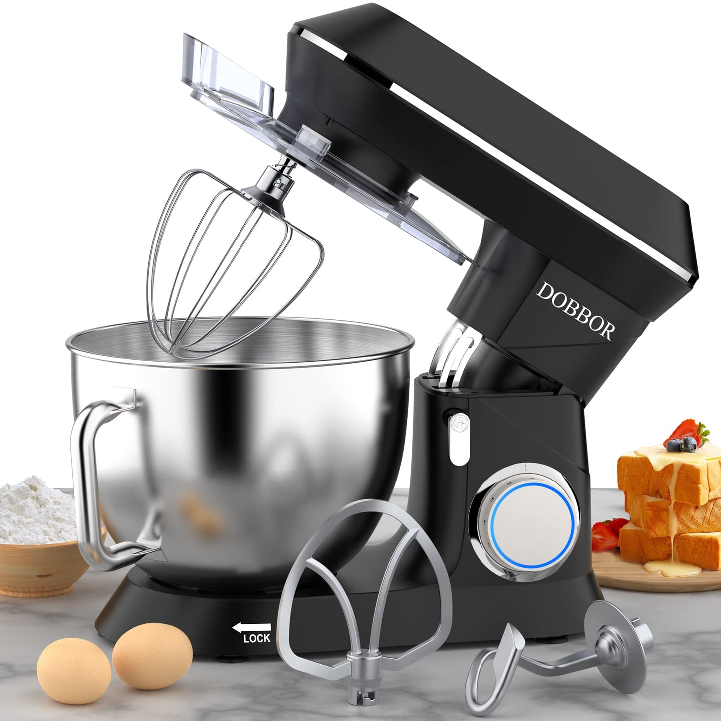 9.5L Küchenmaschine Knetmaschine 1500W, DOBBOR Rührmaschine mit Rührbesen, Knethaken, Schlagbesen, Spritzschutz, 7 Geschwindigkeit Planetarisches Rührsystem, leise und multifunktional. (rot)
