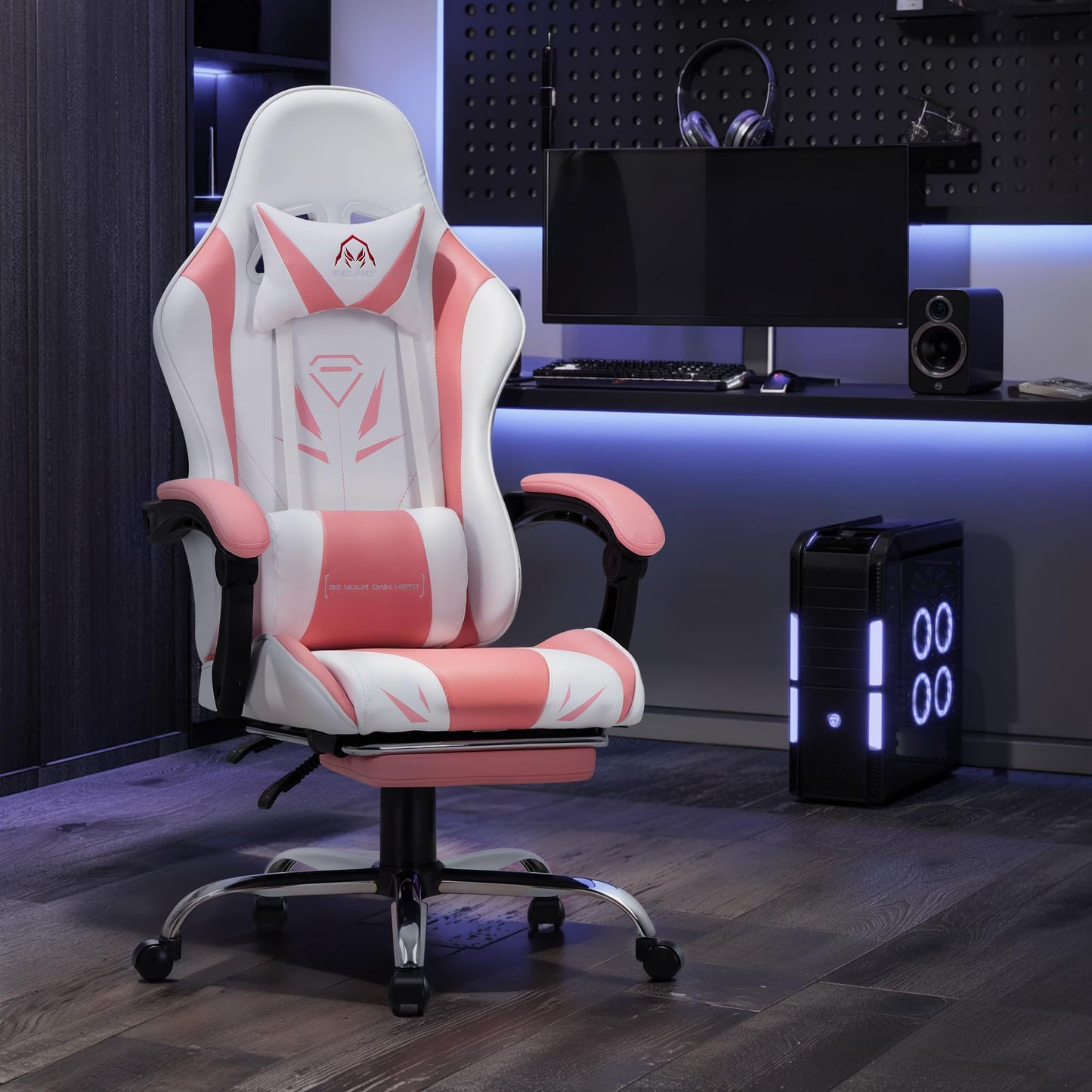 COLAMY Gaming Stuhl, Computer Stuhl mit Fußstütze und Lendenwirbelstütze, höhenverstellbarer Gaming Chair mit 360°-Drehsitz und Kopfstütze, Video Gamer PC Stuhl, Ergonomische hohe Rückenlehne, Weiß