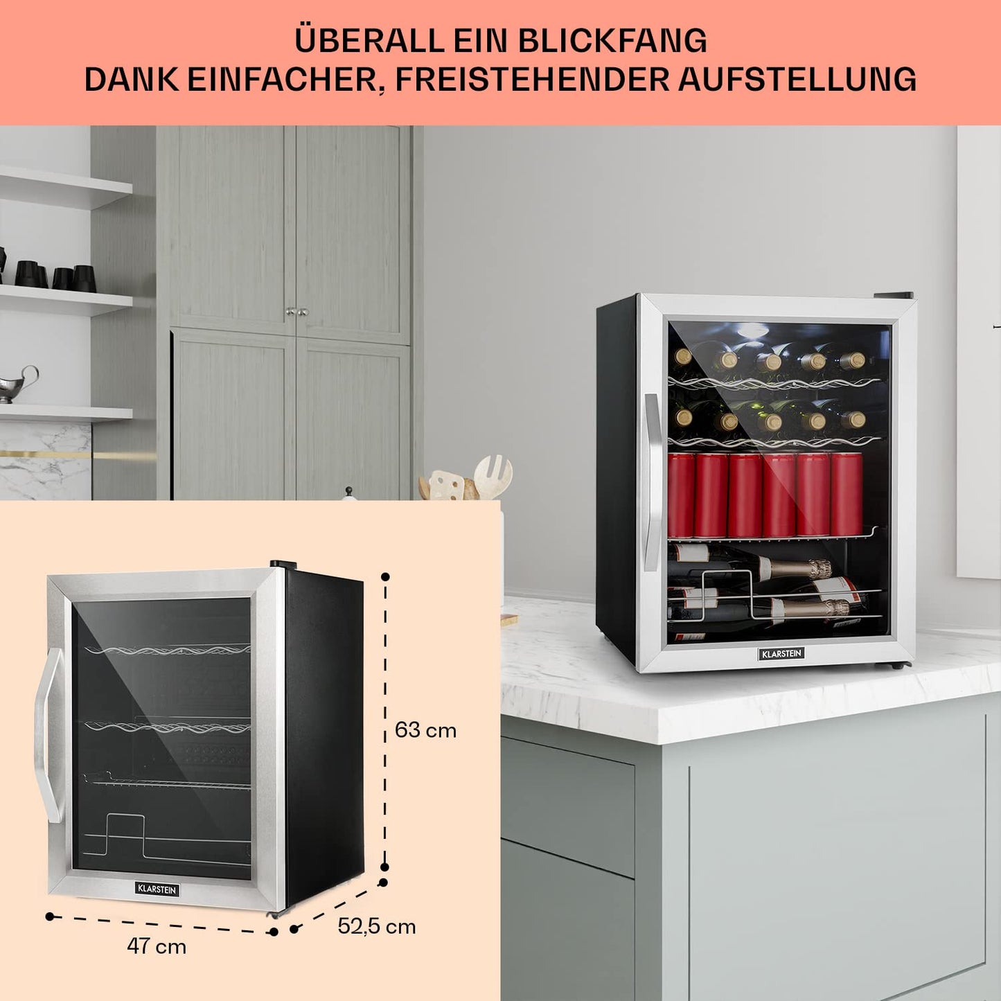 Klarstein Mini Fridge with Glass Door, Mini, for Room, Drinks Fridge Small with Adjustable Shelves, with Waveform Racks, 60 Liter Refrigerator Quiet