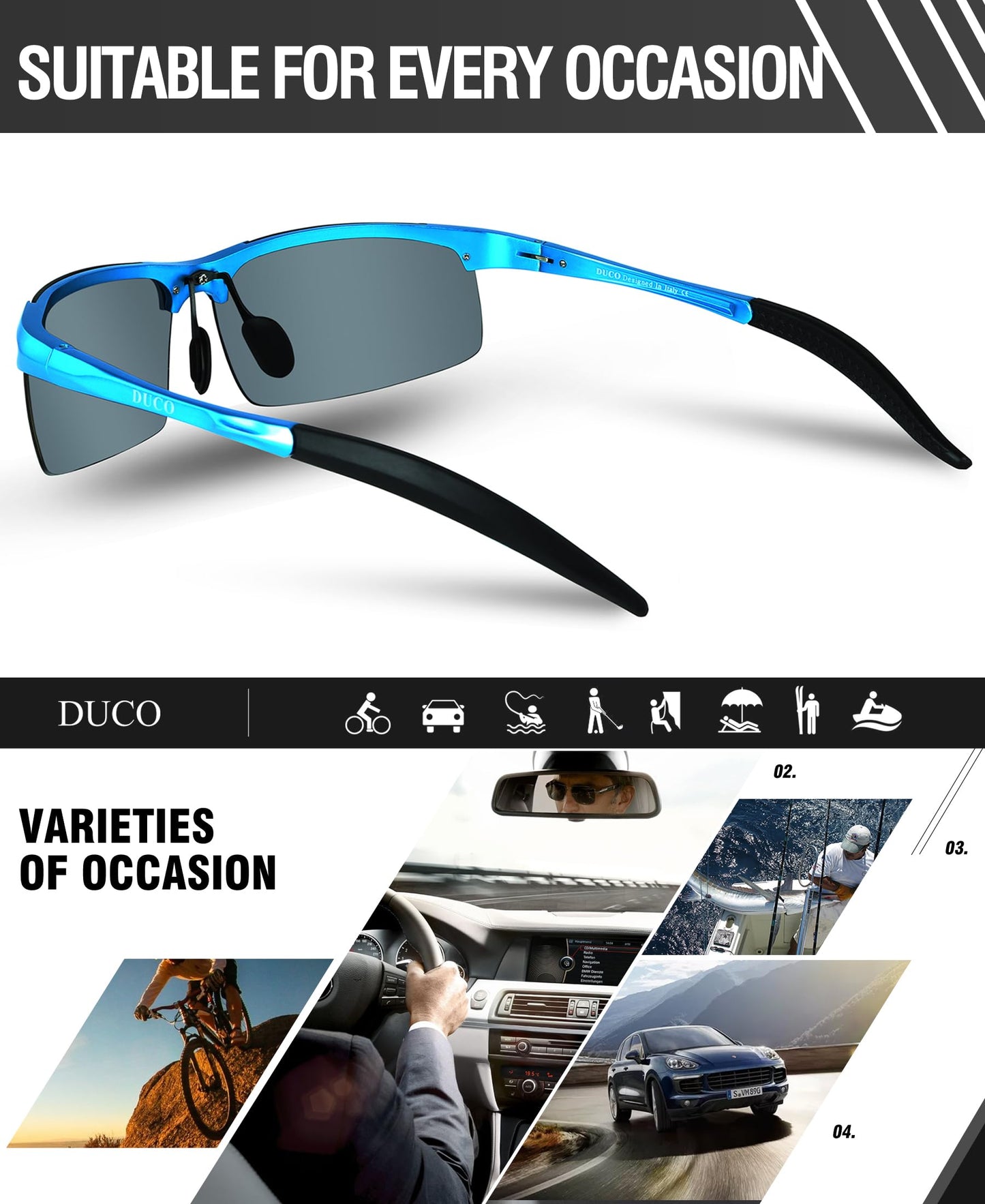 DUCO Herren Sportbrille Polarisierte Sonnenbrille Fahrerbrille Ultraleichte Al-Mg Metallrahmen UV400-Schutz Männer Sonnenbrillen 8177S