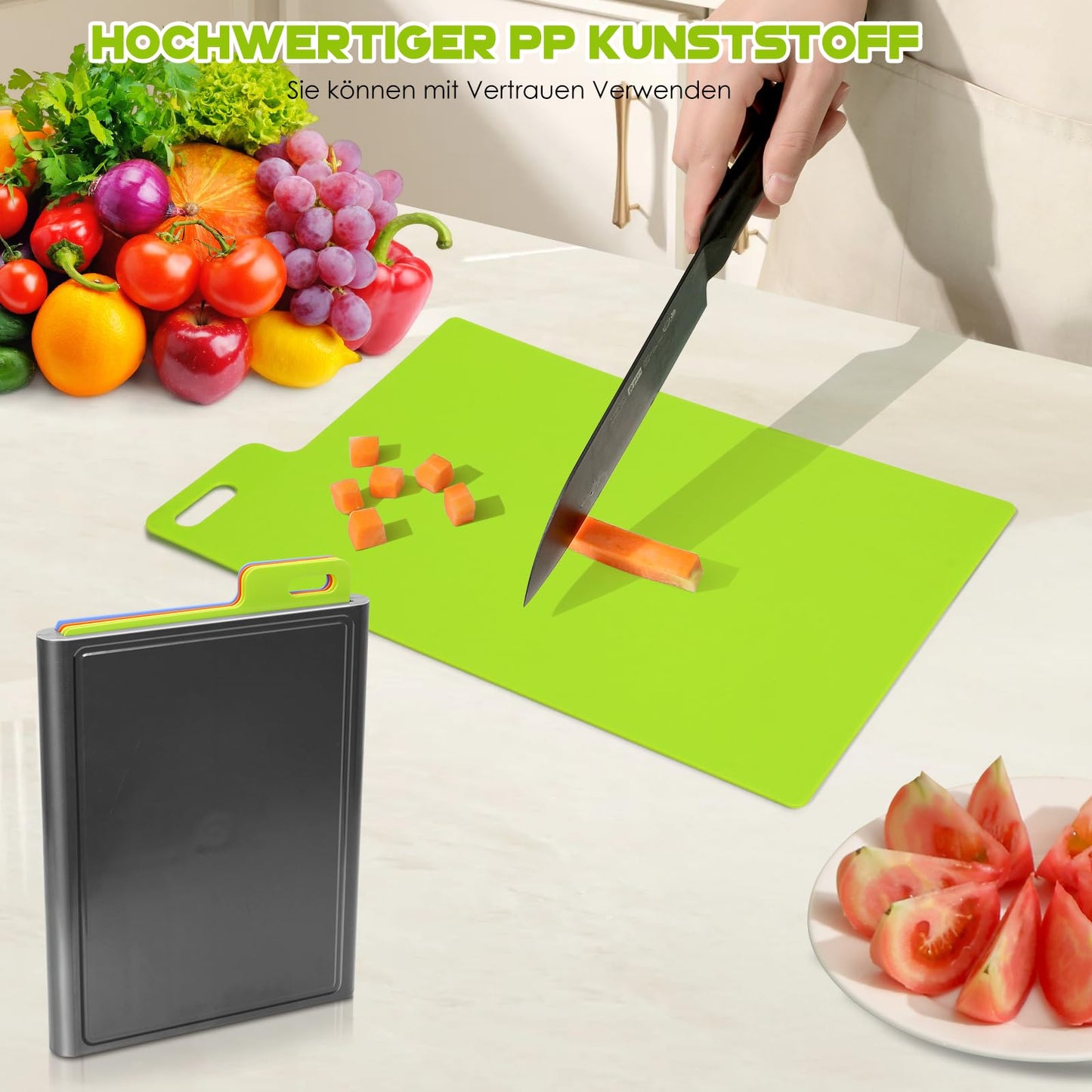Myiosus Schneidebrett Kunststoff, 4 Stück Schneidebrett mit Griff, Rutschfest Schneidebretter für die Küche, Flexibel Schneidebrett Set mit Ständer für Gemüse, Fleisch, Obst, BPA-frei, 37.6 x 25.8cm