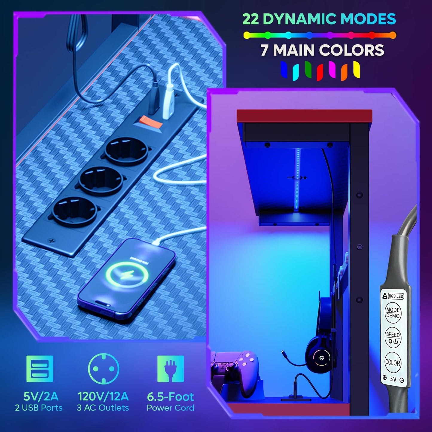 Bestier 113CM Eck-Computertisch mit Steckdosen Computertisch mit LED-Leuchten Umkehrbarer Schreibtisch mit Seitentasche Aufbewahrungstasche & Zubehöraufhänger für Home Office Small Space Weiß