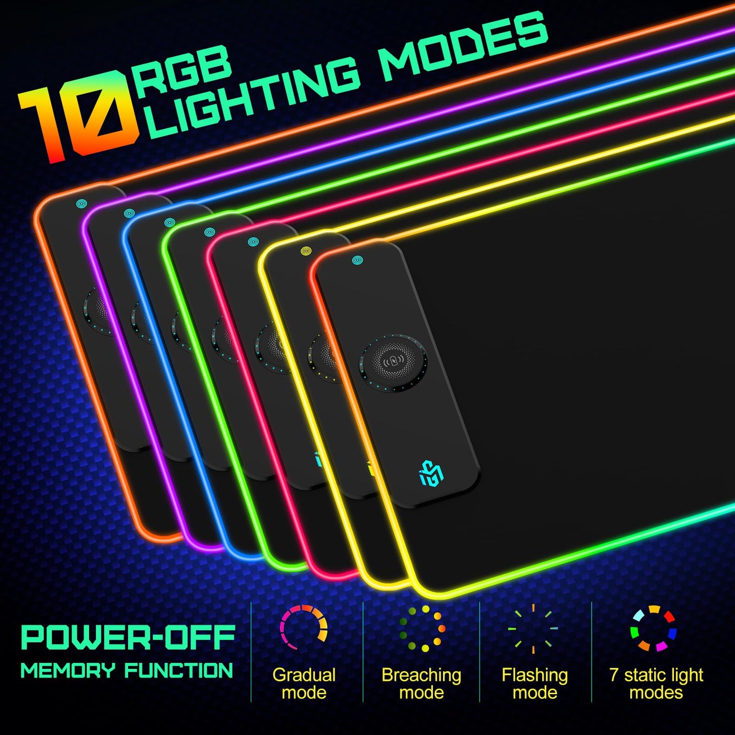RGB Gaming Mauspad 15W Qi Mousepad LED, 10 Beleuchtungsmodi mit 15W Schnellladung Qi Kabelloses Laden für I-Phone Handy, Kopfhörer, Wasserdicht, rutschfest für Gaming, Schreibtische, PC und Büro