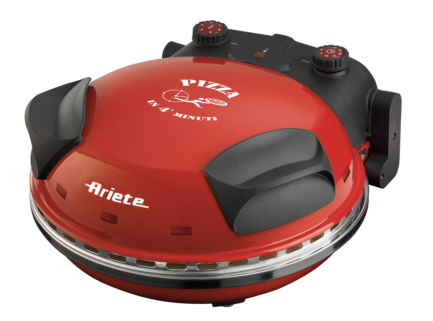 Ariete Pizzaofen 919, 4-Minuten-Pizza, Pizzaofen mit 5 Garstufen, Feuerfeste Platte zum Wiederaufwärmen, Holzbrettchen im Lieferumfang Enthalten, Max. Temperatur 400°C, 1200W, Rot