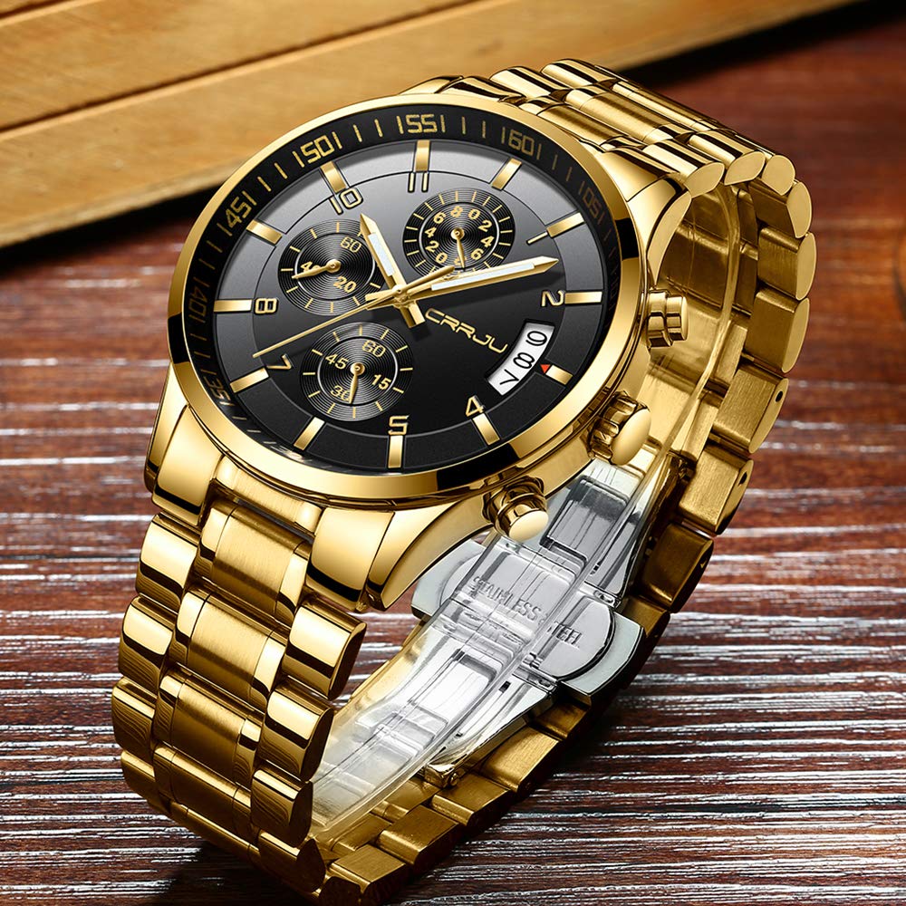 CRRJU Herren Uhr Business Edelstahl wasserdichte Chronographen mit Kalender Armbanduhr Edelstahlband Stoppuhr Analog Quarzuhr