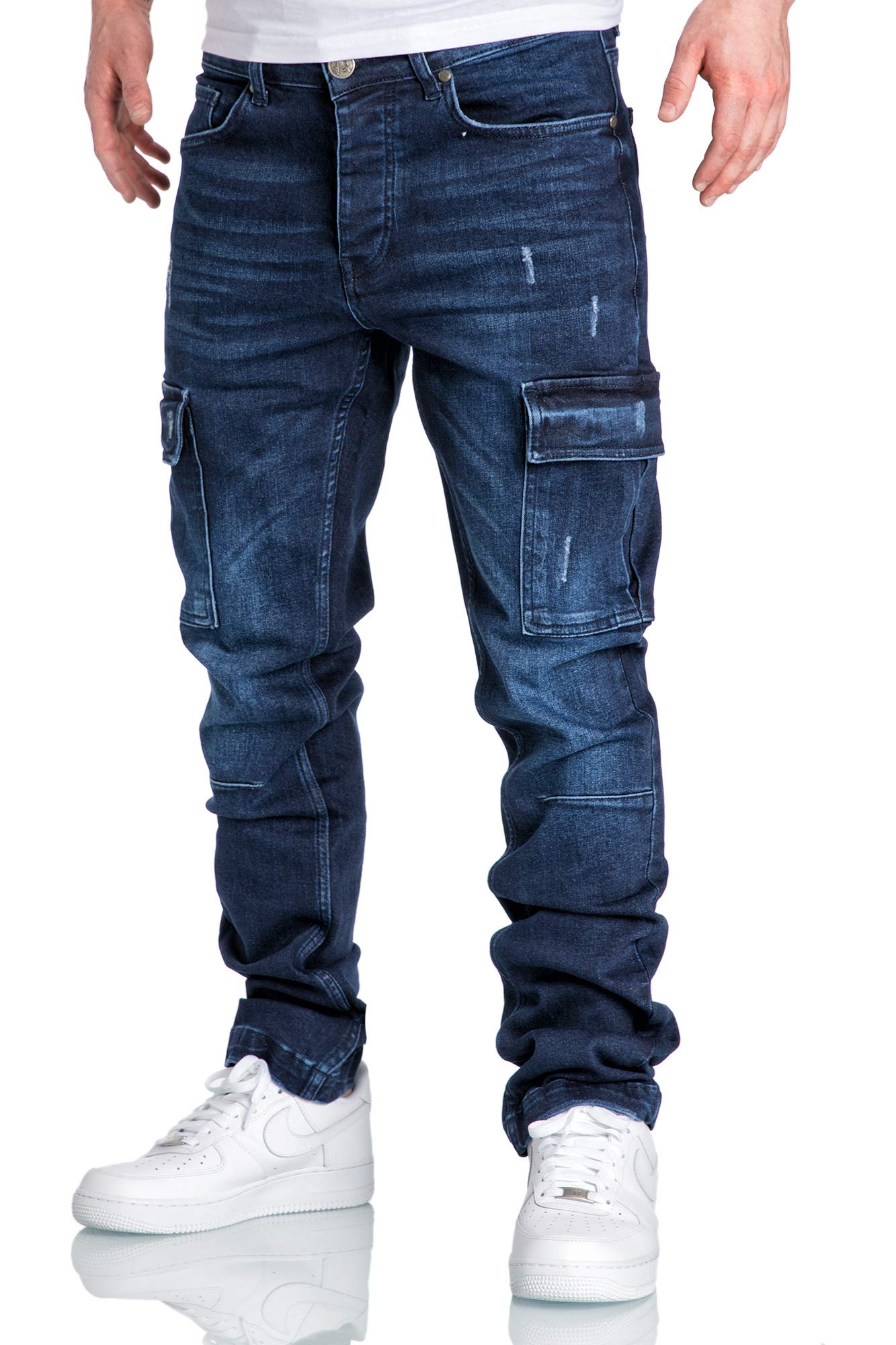 Amaci&Sons Men’s Cargo Jeans – Regular Slim Fit Destroyed Denim Pants