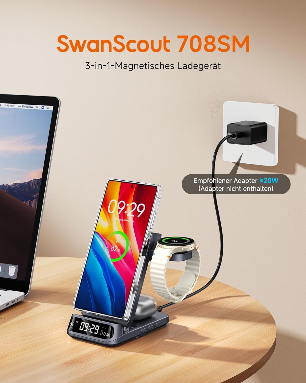 SwanScout Magnetic Charging Station for Samsung, 3 in 1 Wireless Charger for Galaxy S25 Ultra/S24/Z Flip 7/Z Fold 7, Charger for Samsung Watch 8 Classic/8/Ultra/7, for Galaxy Buds 3, SwanScout 708SM