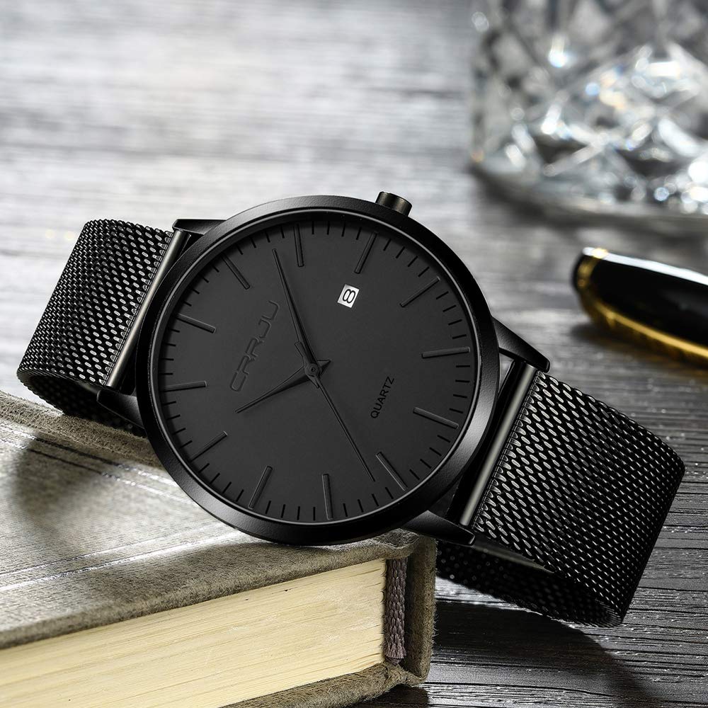 CRRJU Herren Uhr Ultra Dünne Wasserdicht Armbanduhr Herren Mode mit Schwarz Edelstahlband Mesh Analog Quarz Business Männer Uhren