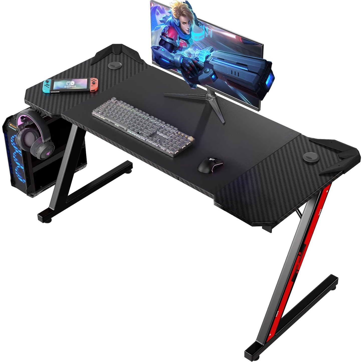 Homall Gaming Table, 80 x 52 cm, Z-Frame Gamer Desk with Headphone Hooks & Drink Holder, Carbon Coating, Ergonomic PC Computer Desk, Sturdy Table